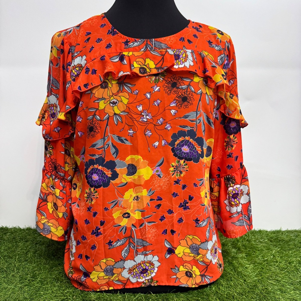 Sunny Leigh Blouse Womens XL‎ Orange Floral Ruffle Bell Sleeve Round Neck Top
